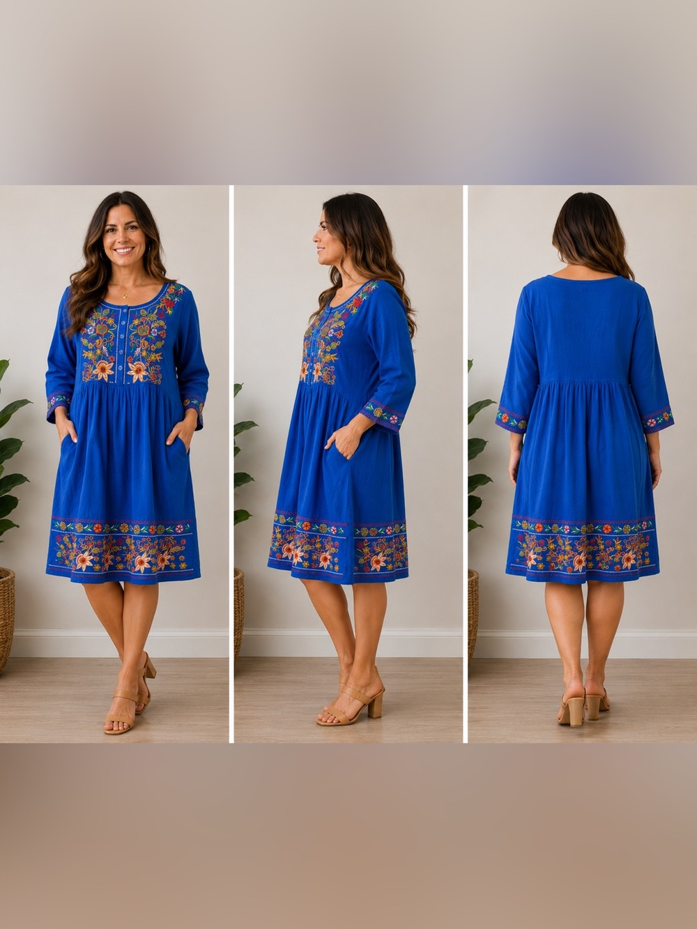 Somya Collection Embroidered Blue Boho Midi Dress M